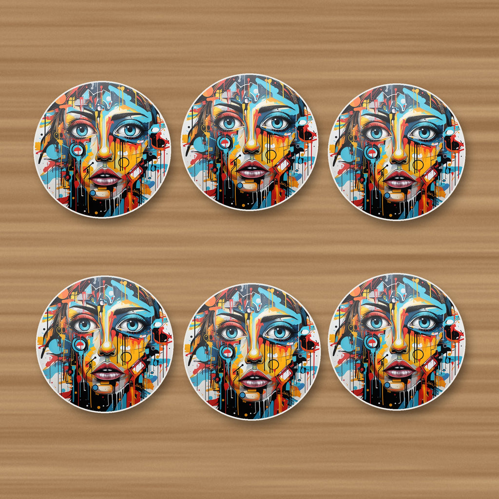 Graffiti Expressionist Portrait No.2 round ceramic coasters, set of 6, on an oak coffee table