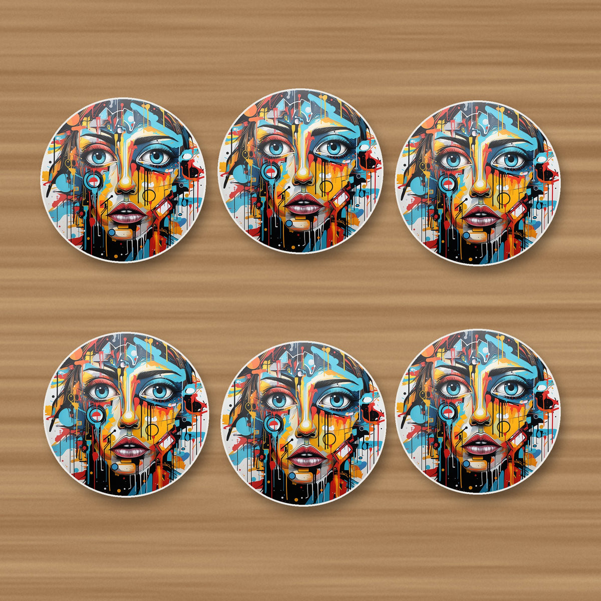 Graffiti Expressionist Portrait No.2 round ceramic coasters, set of 6, on an oak coffee table