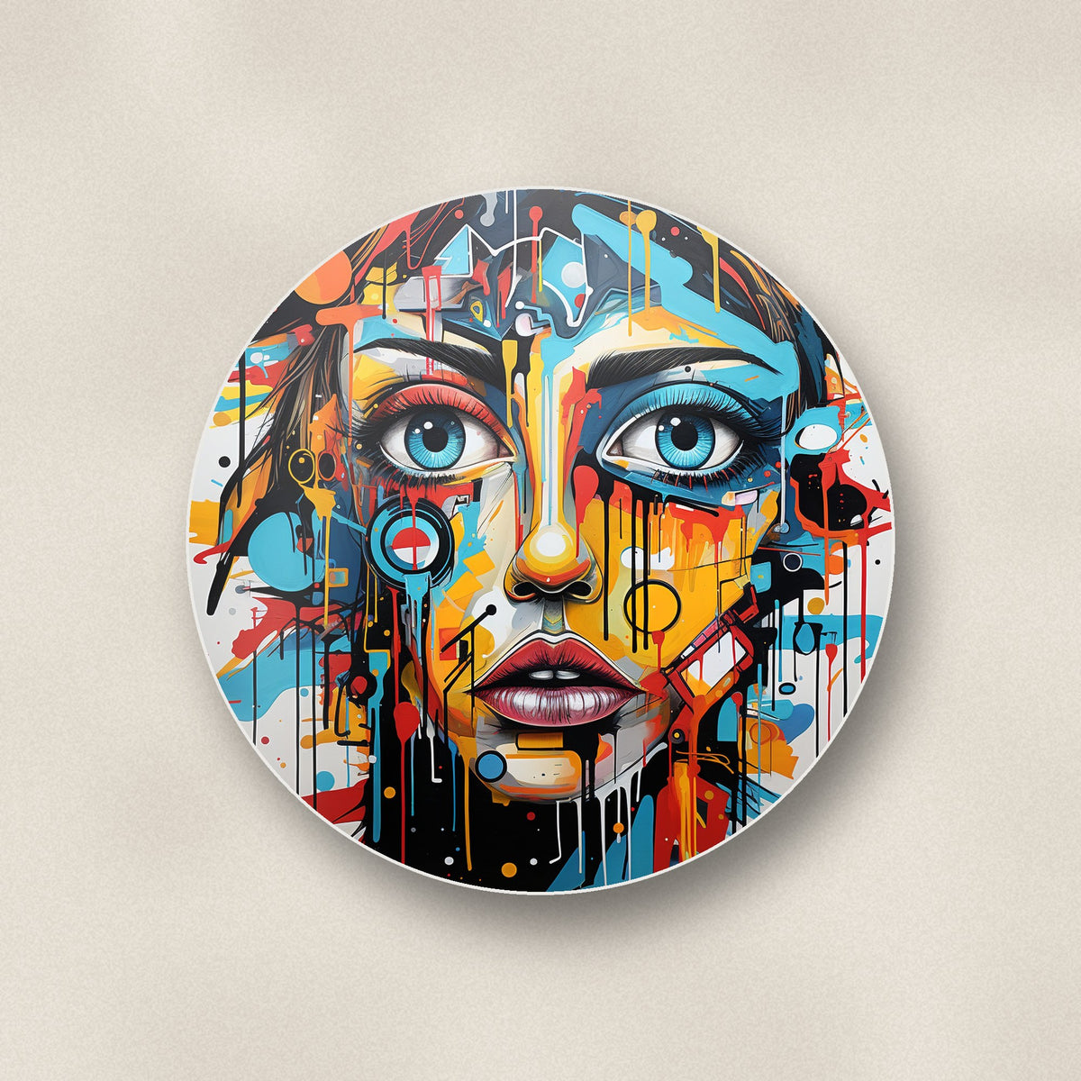 Close-up of one graffiti expressionist portrait no.2 round ceramic coaster, flat UV print