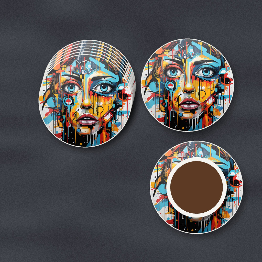 Graffiti Expressionist Portrait No.2 round ceramic coasters stacked on a slate kitchen worktop