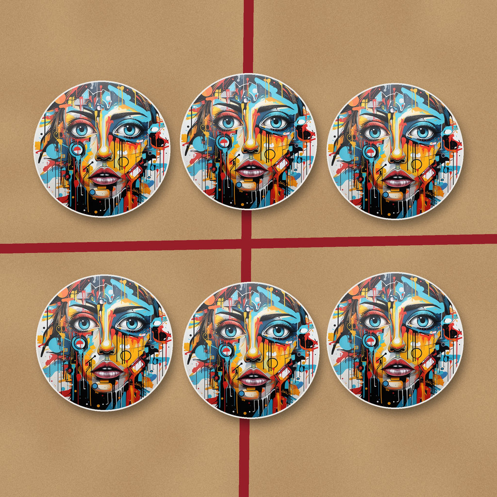Graffiti Expressionist Portrait No.2 round ceramic coasters on kraft gift wrap