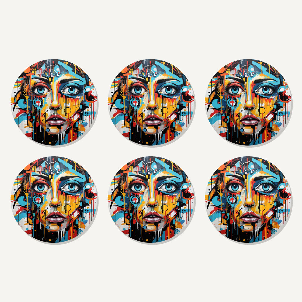 Flat lay of the graffiti expressionist portrait no.2 artwork on six round coasters