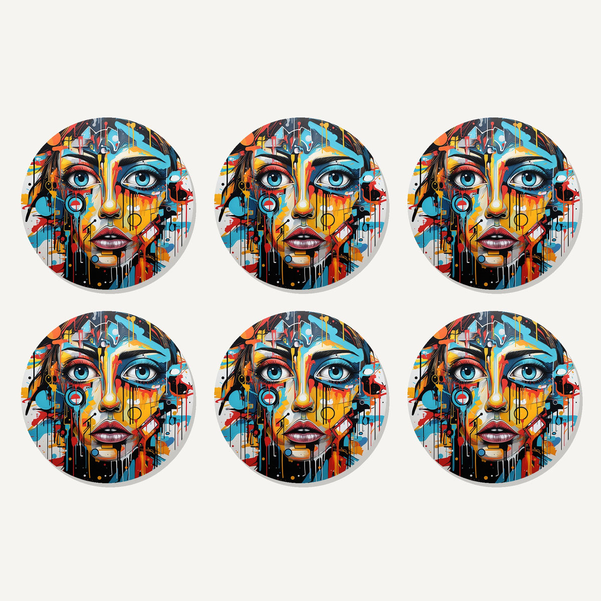 Flat lay of the graffiti expressionist portrait no.2 artwork on six round coasters