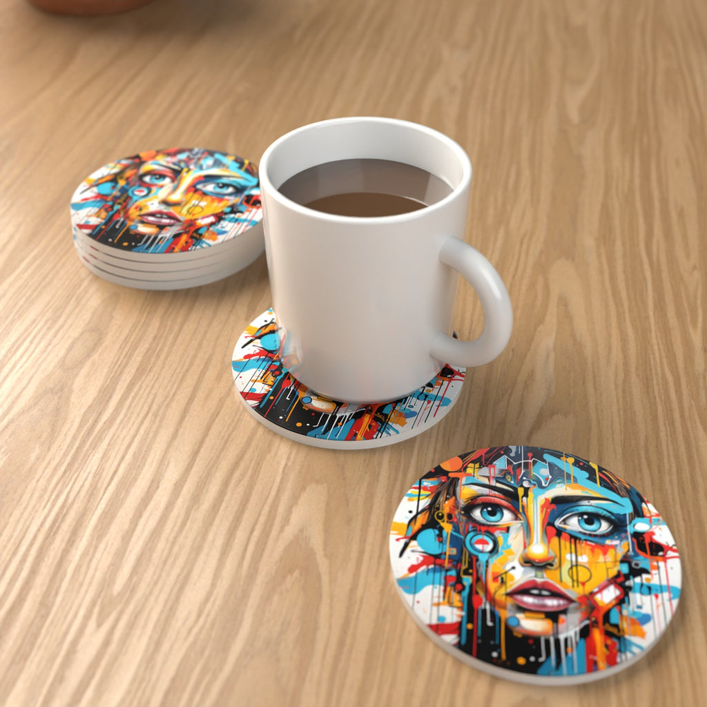 Graffiti Expressionist Portrait No.2 Round Ceramic Coasters – Set of 6 – lifestyle mockup with a mug of coffee
