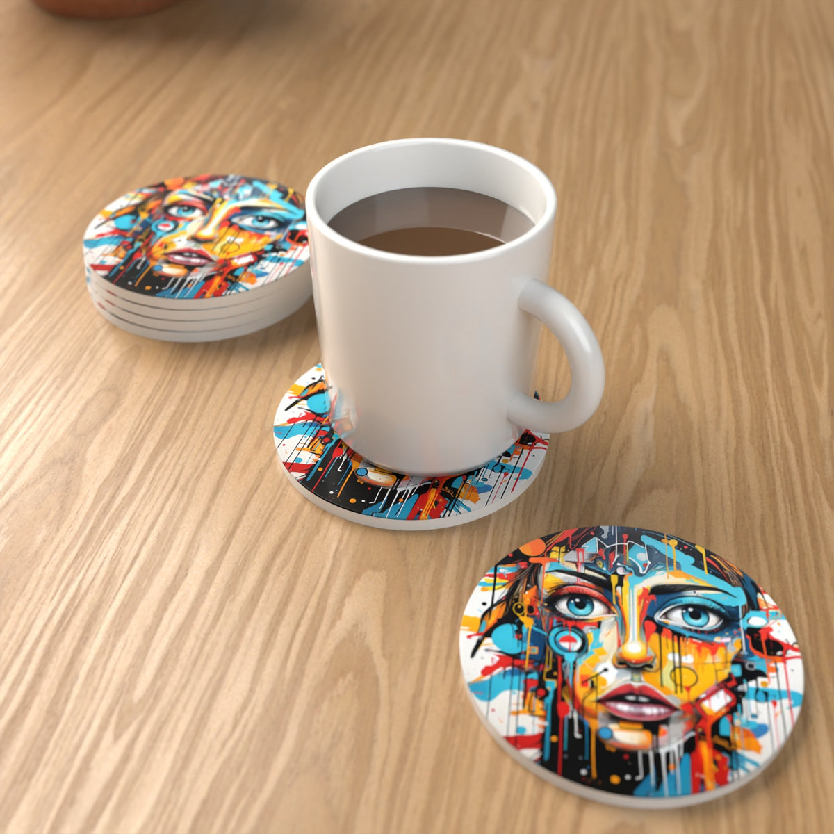 Graffiti Expressionist Portrait No.2 Round Ceramic Coasters – Set of 6 – lifestyle mockup with a mug of coffee