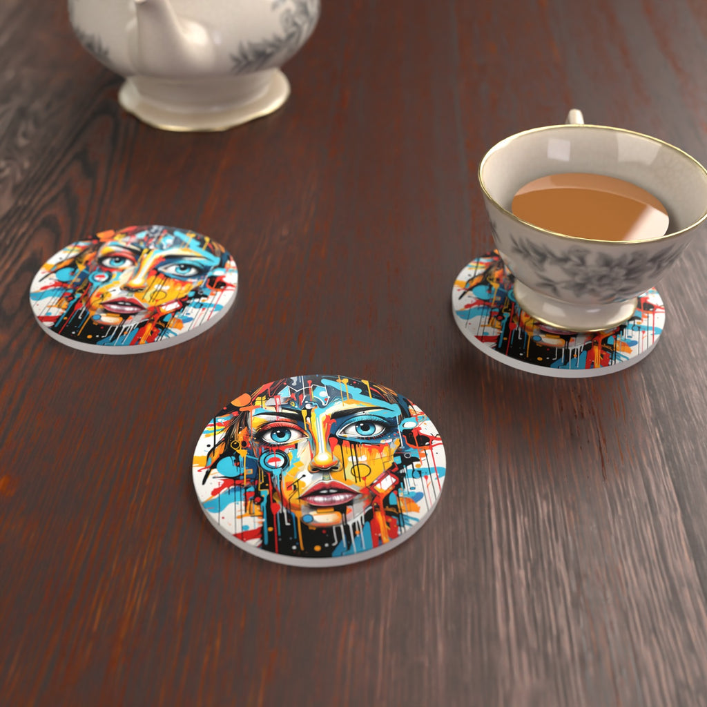 Graffiti Expressionist Portrait No.2 Round Ceramic Coasters – Set of 6 – lifestyle mockup with a teacup