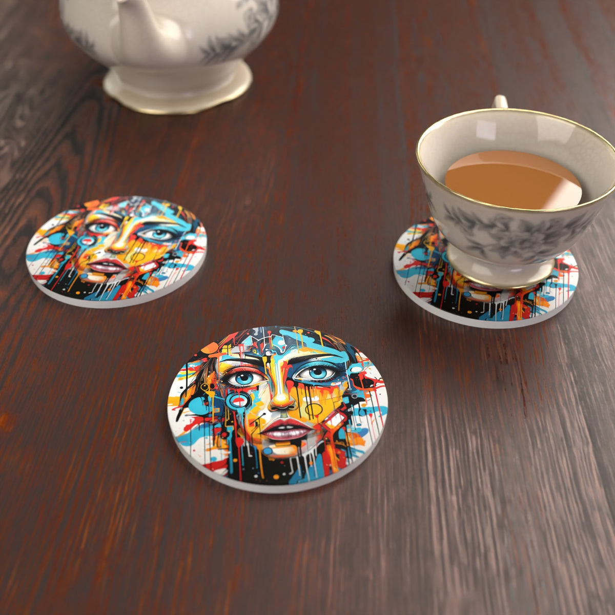 Graffiti Expressionist Portrait No.2 Round Ceramic Coasters – Set of 6 – lifestyle mockup with a teacup