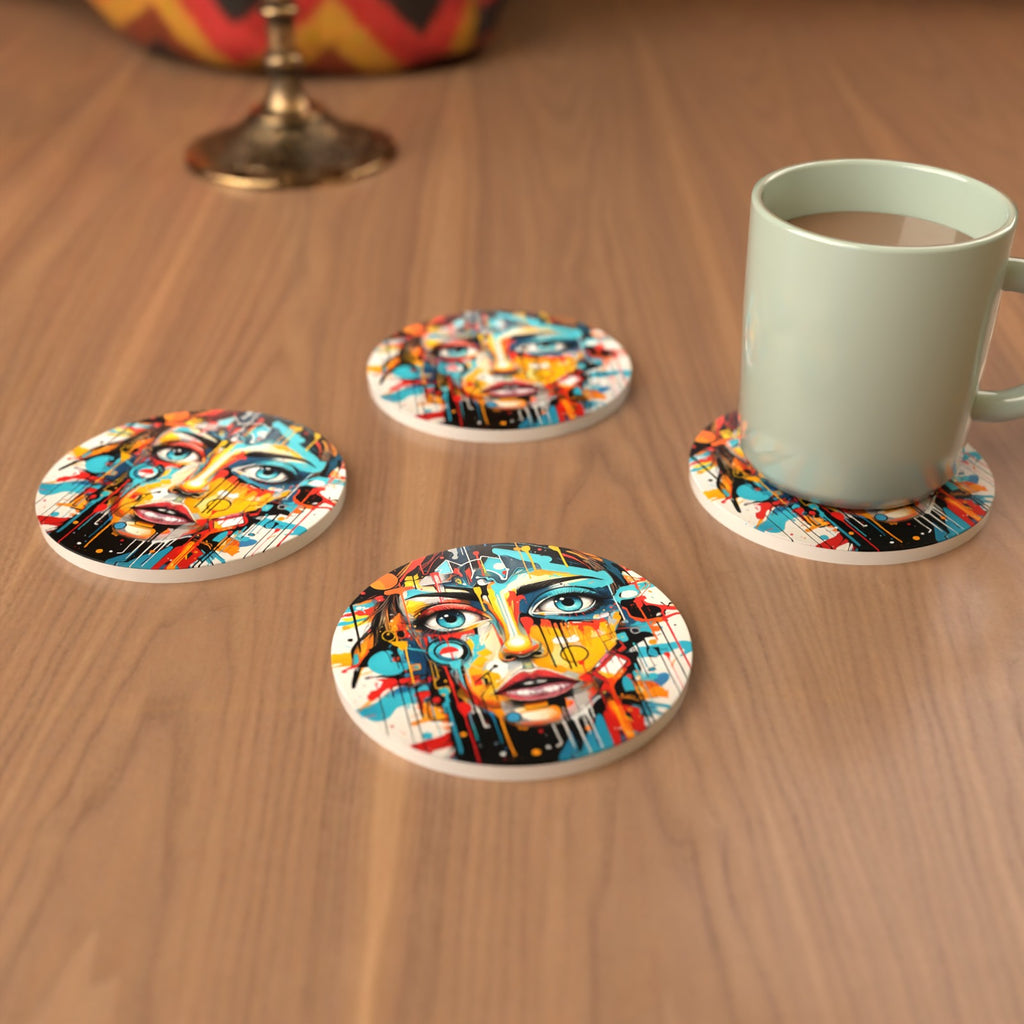 Graffiti Expressionist Portrait No.2 Round Ceramic Coasters – Set of 6 – cosy lifestyle mockup