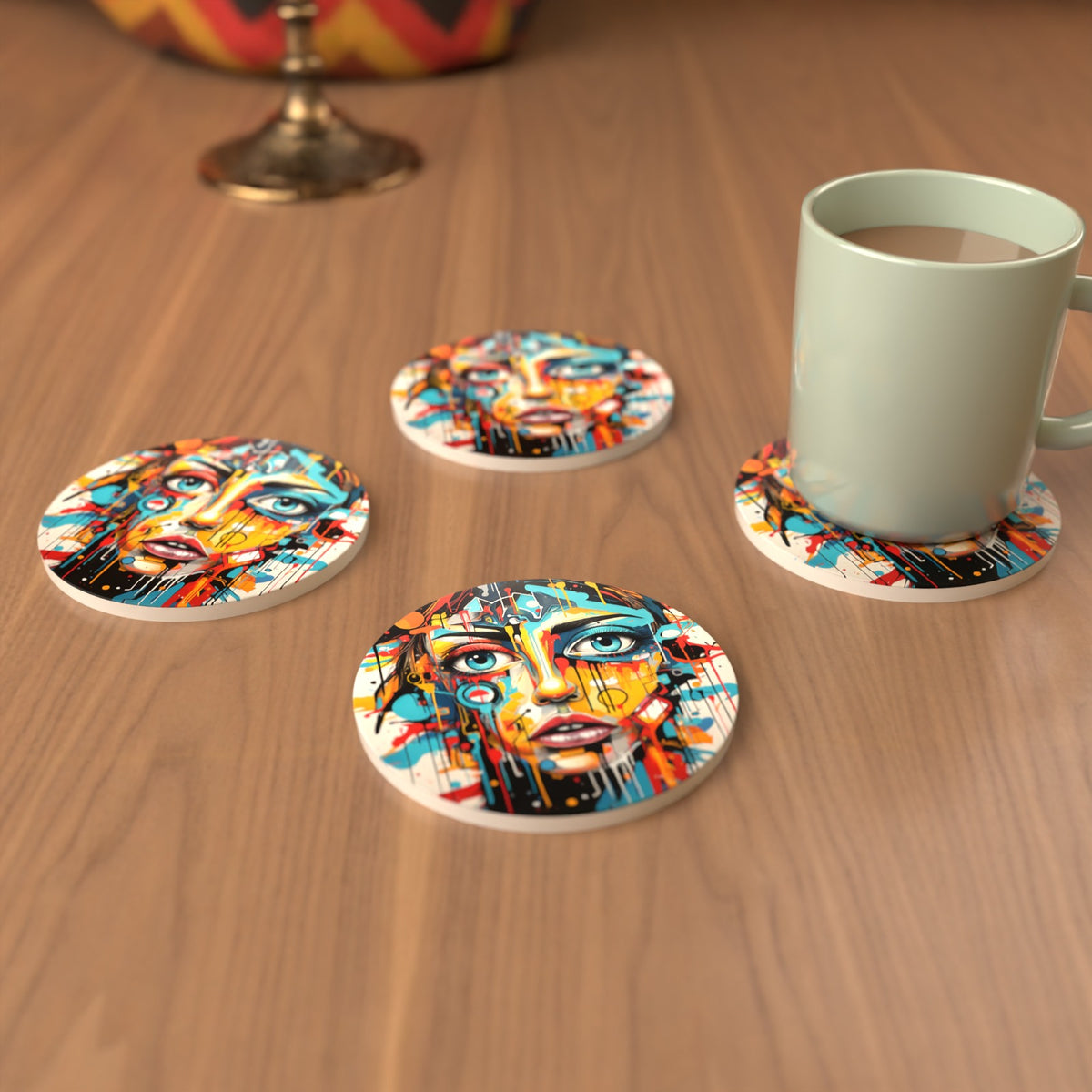 Graffiti Expressionist Portrait No.2 Round Ceramic Coasters – Set of 6 – cosy lifestyle mockup