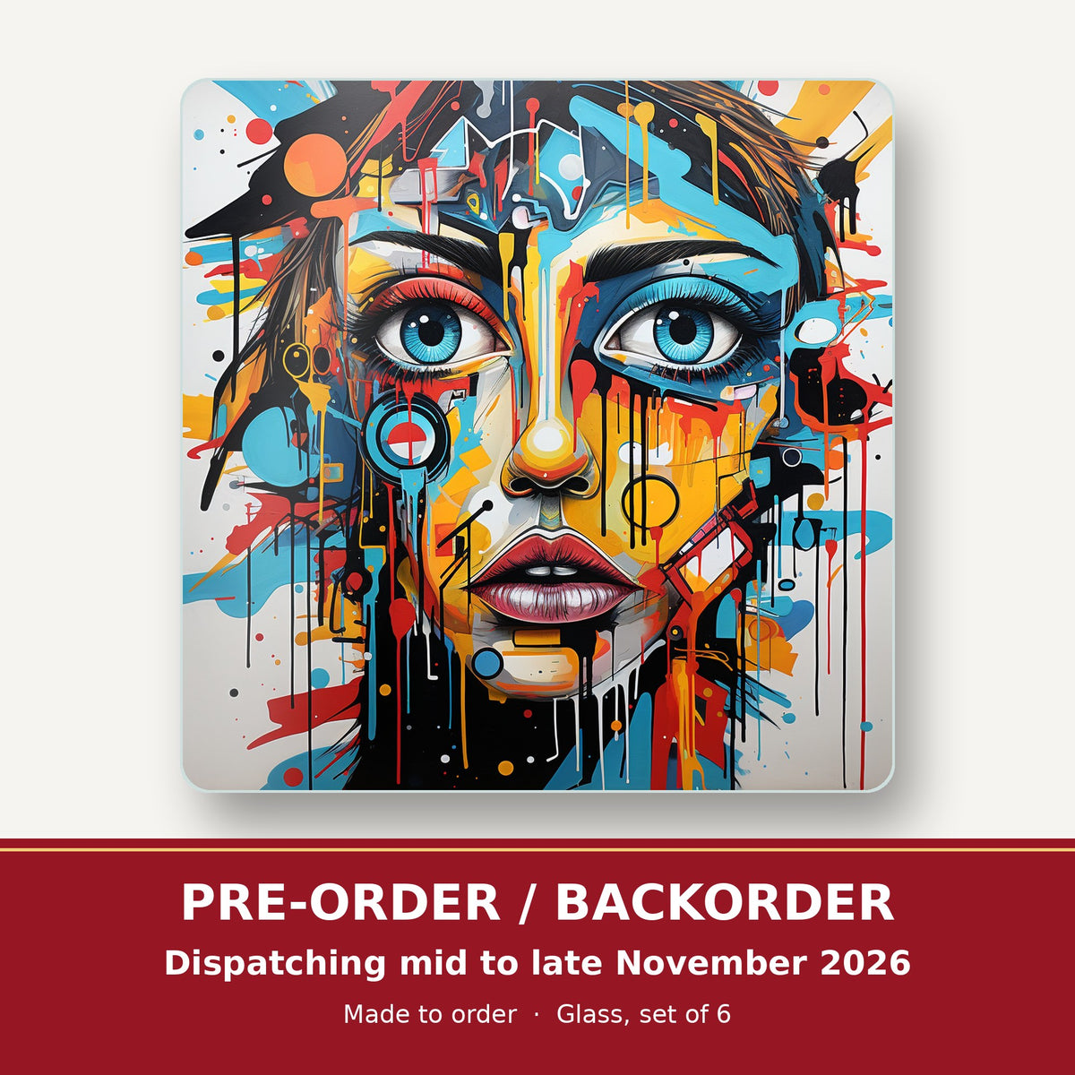 Graffiti Expressionist Portrait No.2 square glass coaster set of 6 – pre-order / backorder, dispatching mid to late November 2026
