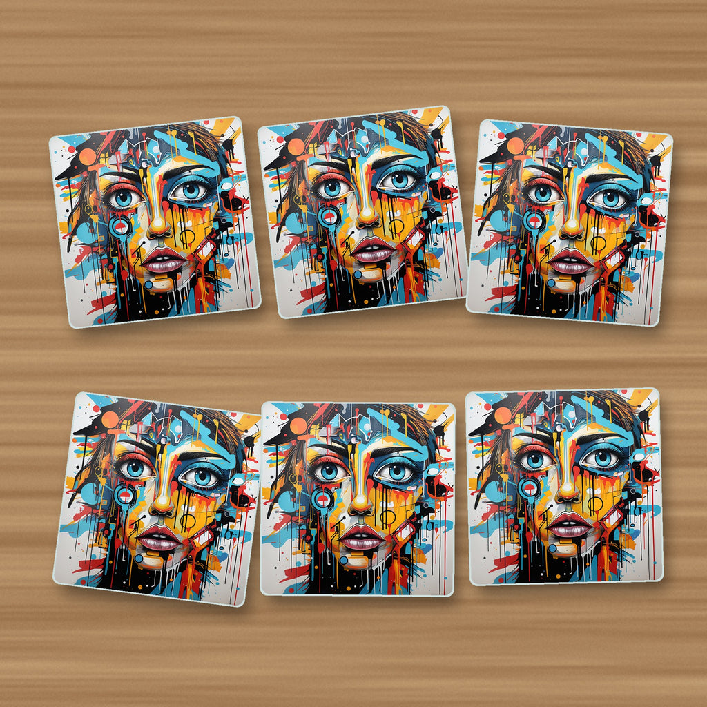 Graffiti Expressionist Portrait No.2 square glass coasters, set of 6, on an oak coffee table