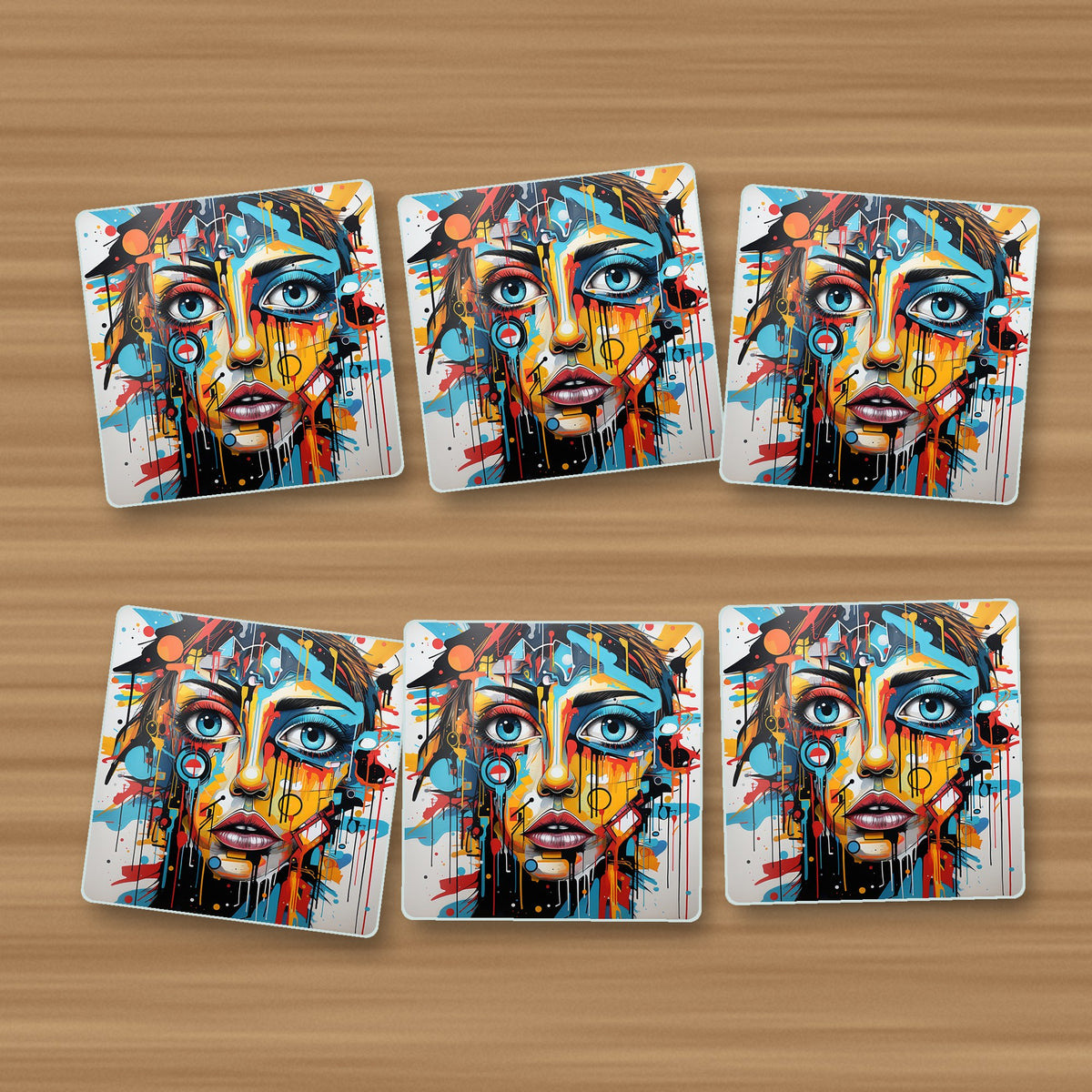 Graffiti Expressionist Portrait No.2 square glass coasters, set of 6, on an oak coffee table