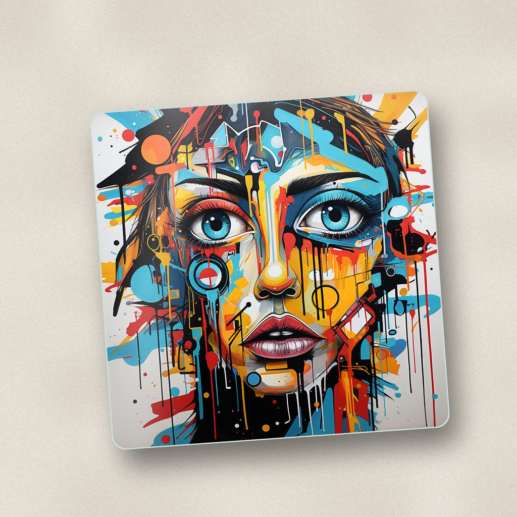 Close-up of one graffiti expressionist portrait no.2 square glass coaster, flat UV print