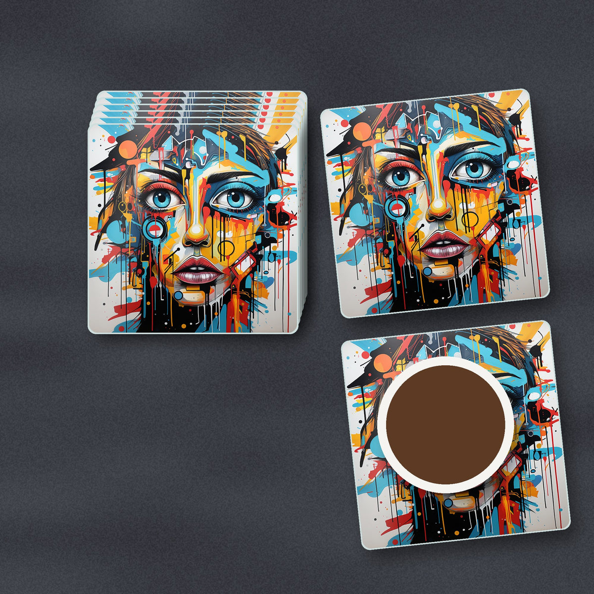 Graffiti Expressionist Portrait No.2 square glass coasters stacked on a slate kitchen worktop