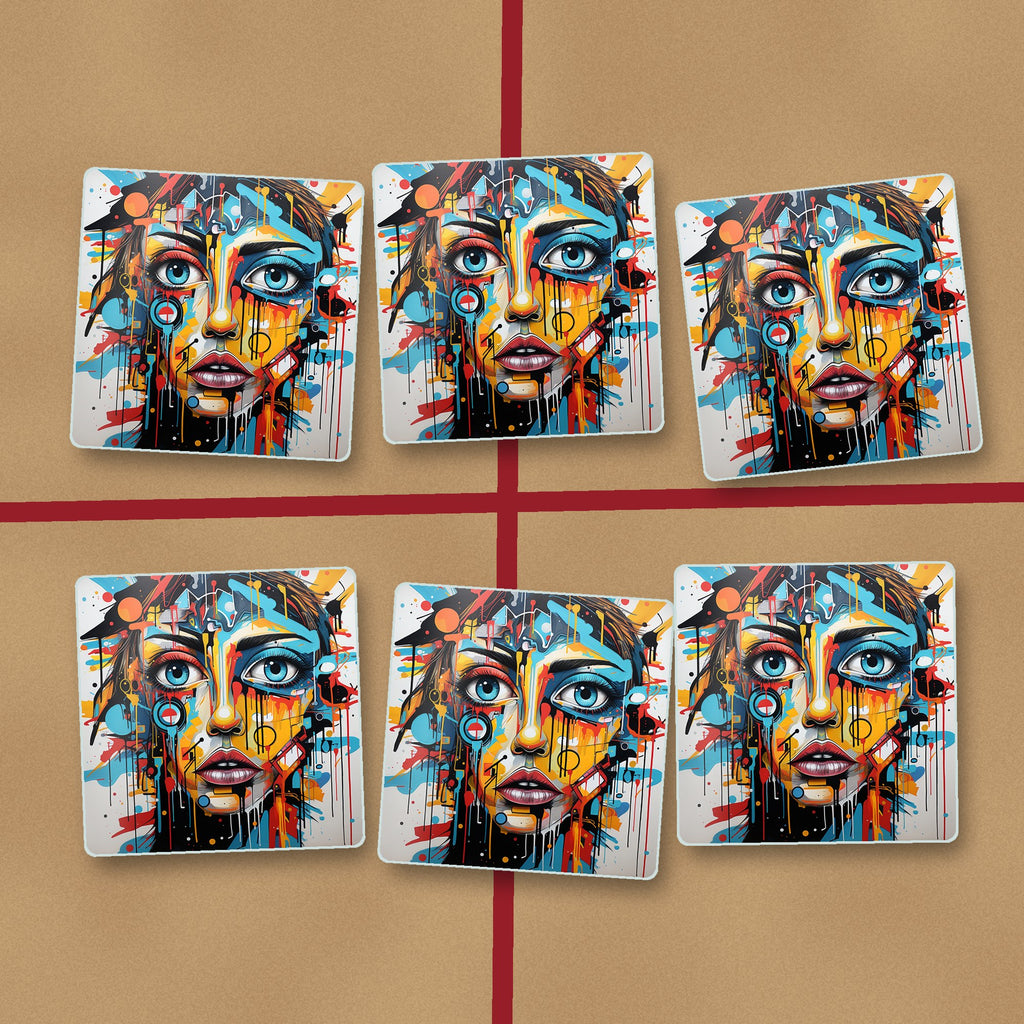 Graffiti Expressionist Portrait No.2 square glass coasters on kraft gift wrap