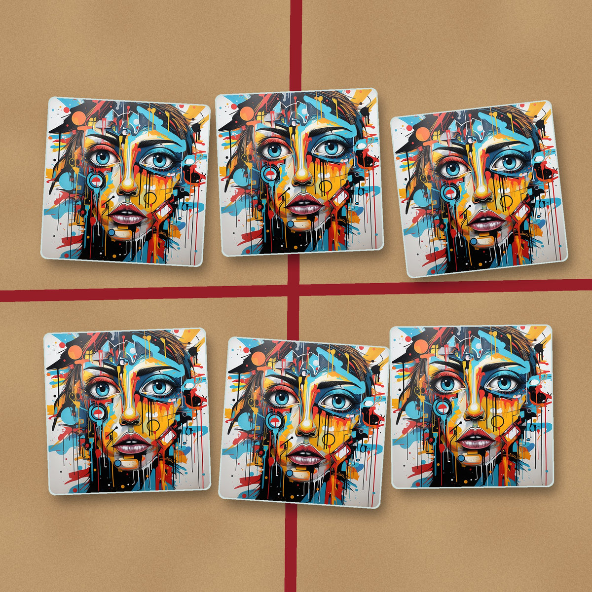 Graffiti Expressionist Portrait No.2 square glass coasters on kraft gift wrap