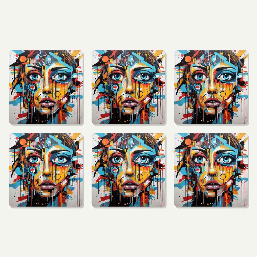 Flat lay of the graffiti expressionist portrait no.2 artwork on six square coasters