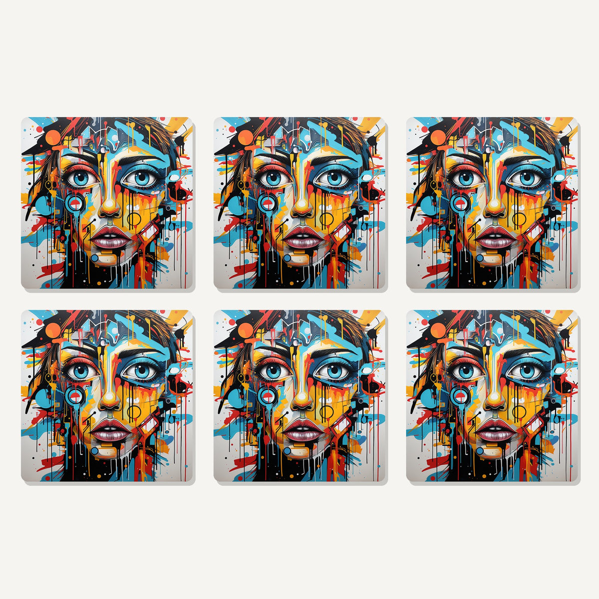 Flat lay of the graffiti expressionist portrait no.2 artwork on six square coasters