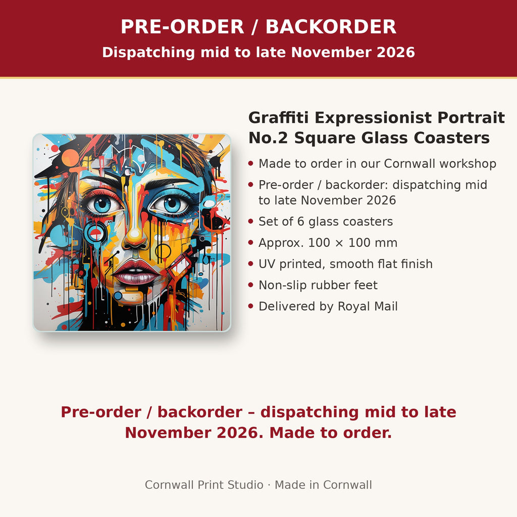 Info card: Graffiti Expressionist Portrait No.2 Square Glass Coasters – Set of 6, made to order, dispatching mid to late November 2026, delivered by Royal Mail