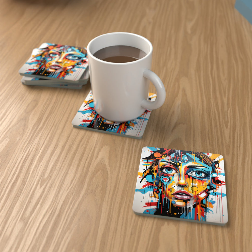 Graffiti Expressionist Portrait No.2 Square Glass Coasters – Set of 6 – lifestyle mockup with a mug of coffee