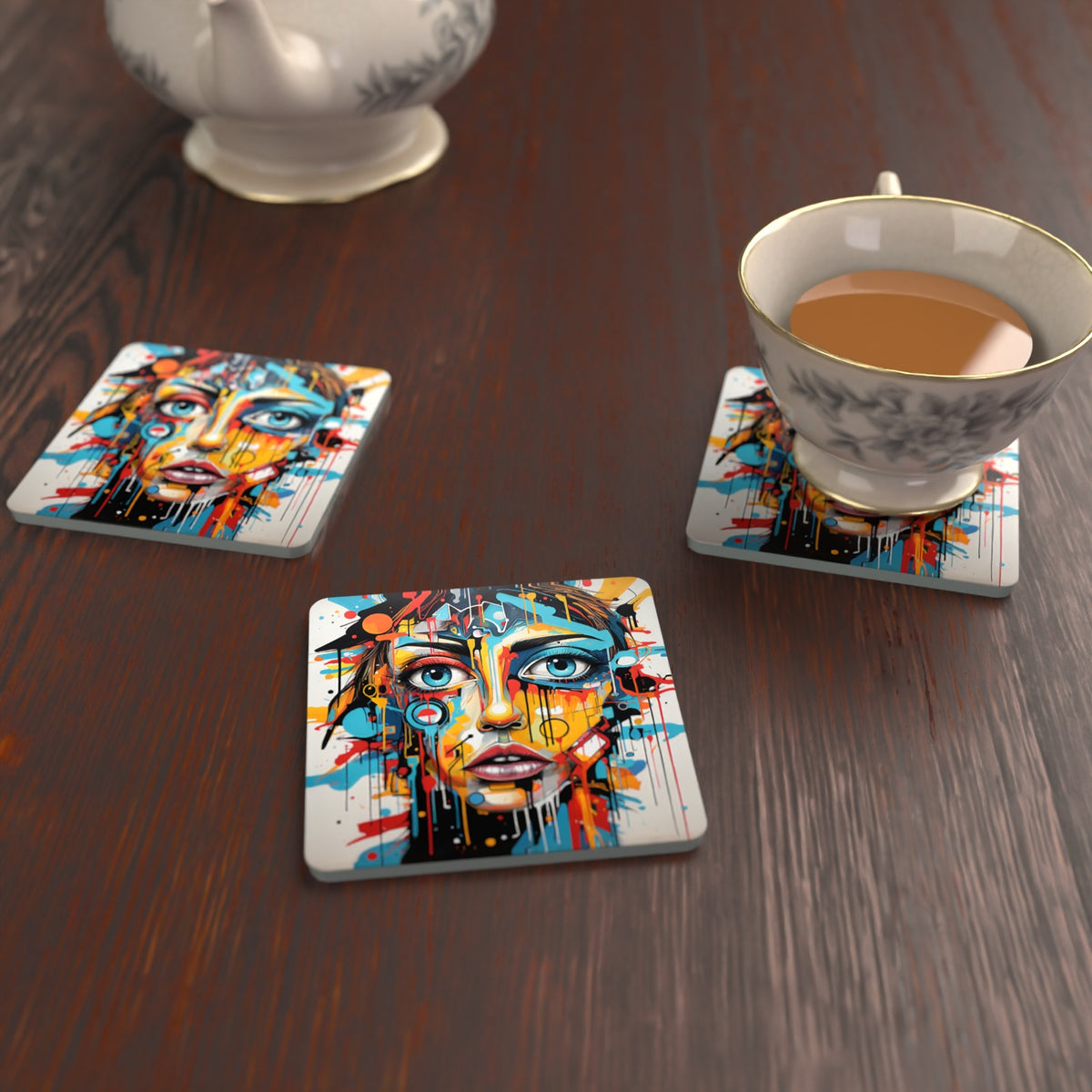Graffiti Expressionist Portrait No.2 Square Glass Coasters – Set of 6 – lifestyle mockup with a teacup