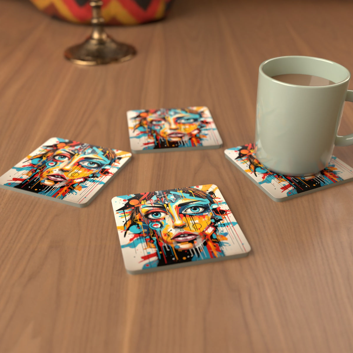 Graffiti Expressionist Portrait No.2 Square Glass Coasters – Set of 6 – cosy lifestyle mockup
