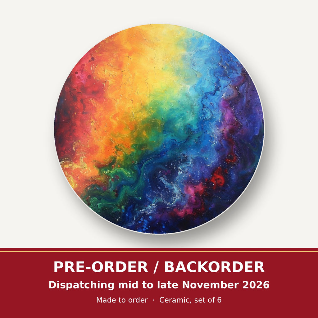 Rainbow Swirl Abstract round ceramic coaster set of 6 – pre-order / backorder, dispatching mid to late November 2026