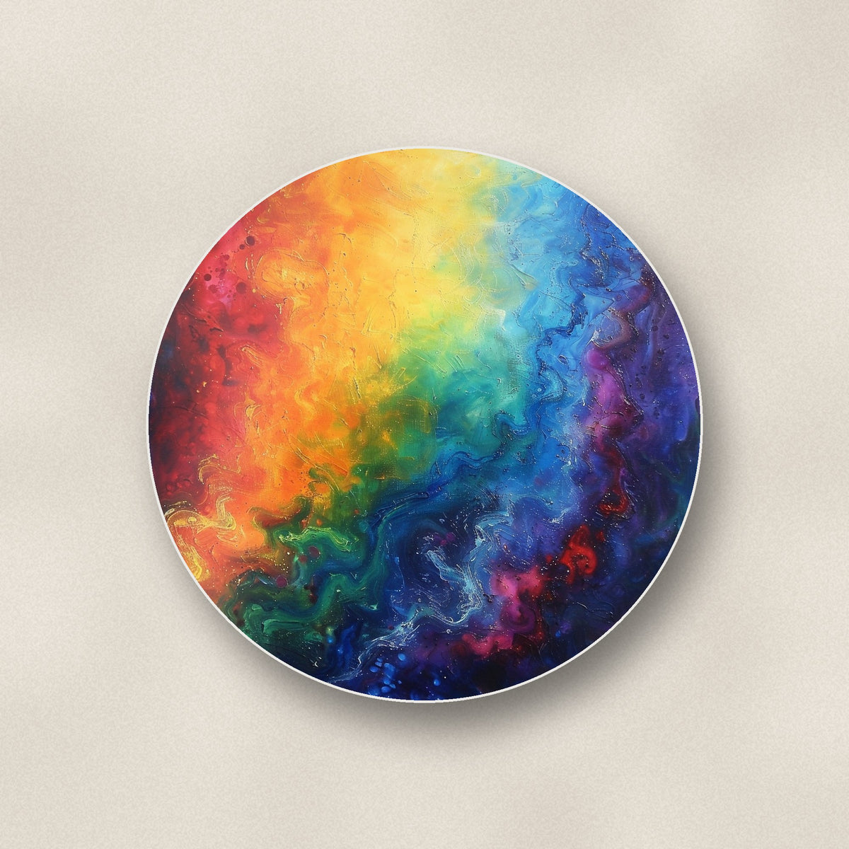 Close-up of one rainbow swirl abstract round ceramic coaster, flat UV print