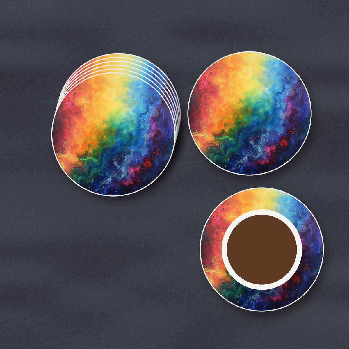 Rainbow Swirl Abstract round ceramic coasters stacked on a slate kitchen worktop