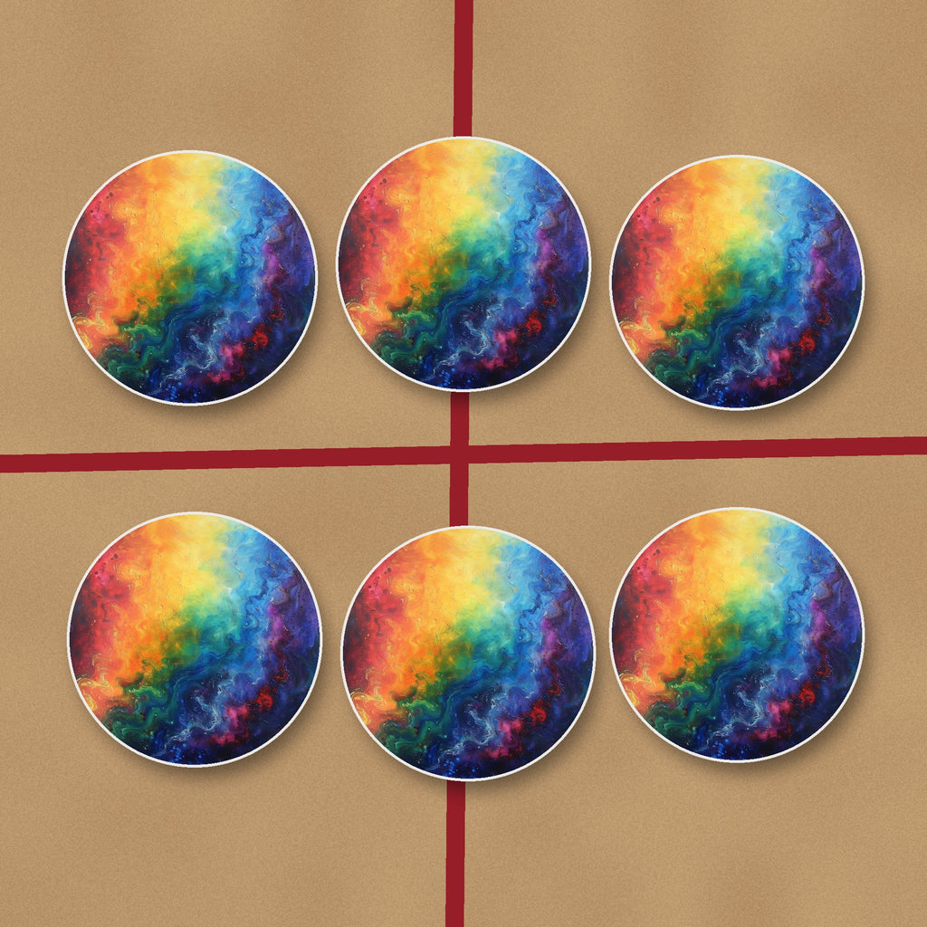 Rainbow Swirl Abstract round ceramic coasters on kraft gift wrap