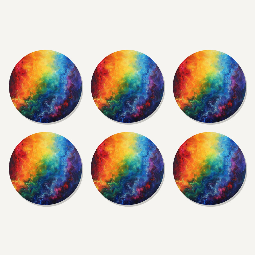 Flat lay of the rainbow swirl abstract artwork on six round coasters