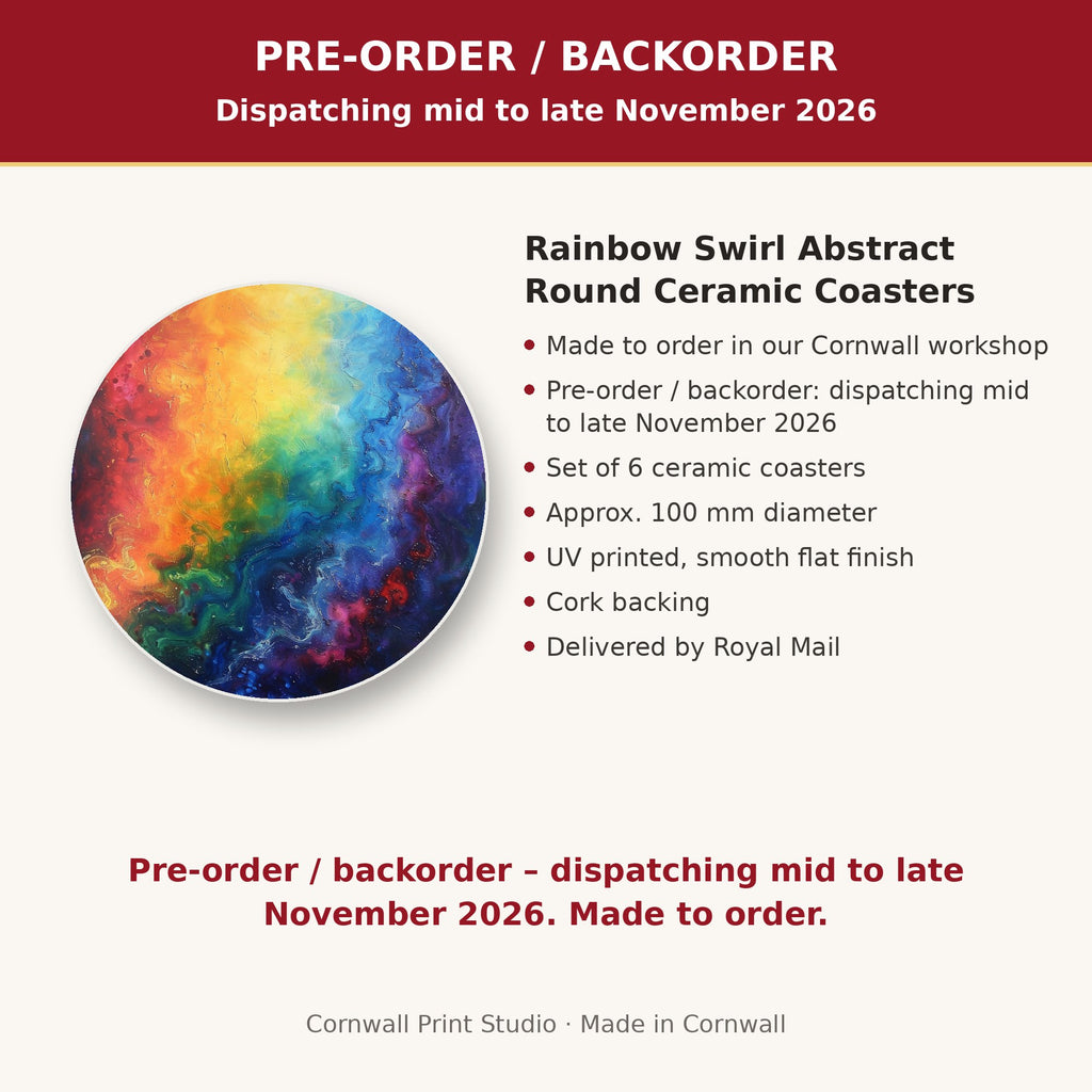 Info card: Rainbow Swirl Abstract Round Ceramic Coasters – Set of 6, made to order, dispatching mid to late November 2026, delivered by Royal Mail