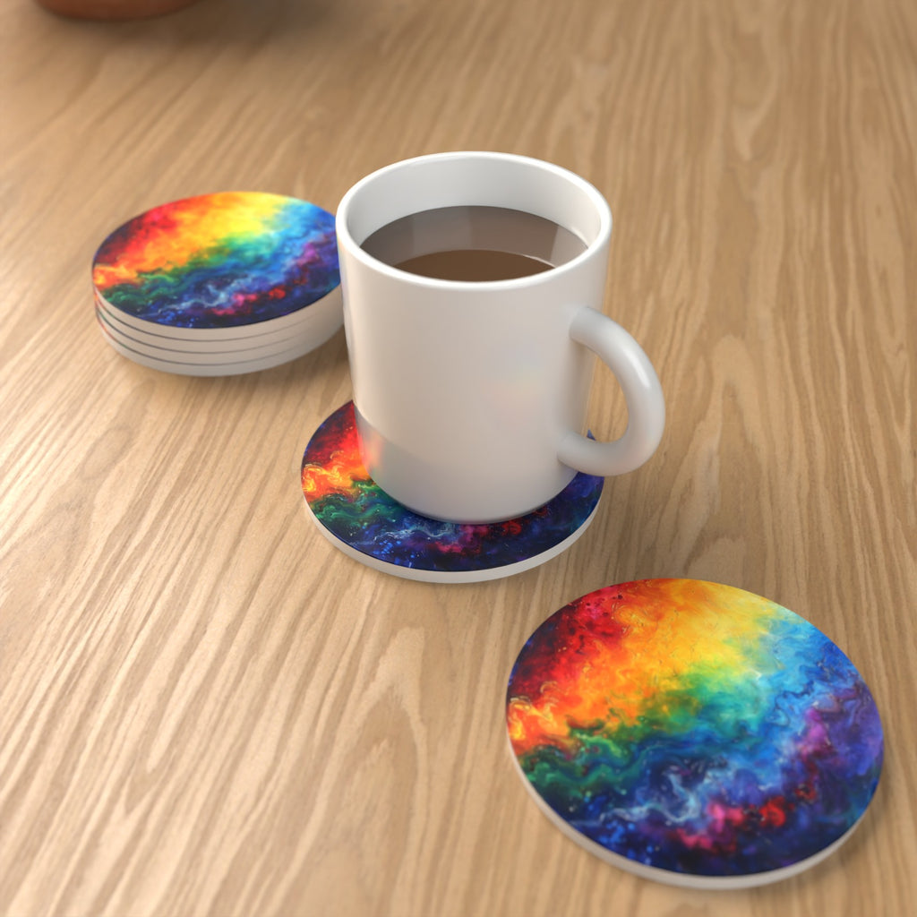 Rainbow Swirl Abstract Round Ceramic Coasters – Set of 6 – lifestyle mockup with a mug of coffee