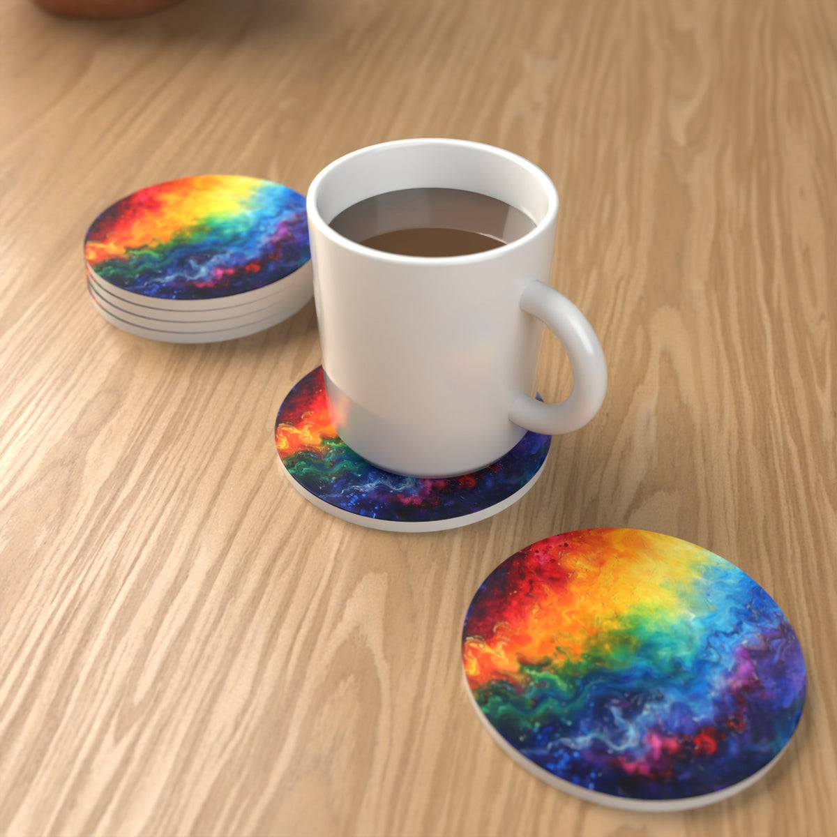Rainbow Swirl Abstract Round Ceramic Coasters – Set of 6 – lifestyle mockup with a mug of coffee