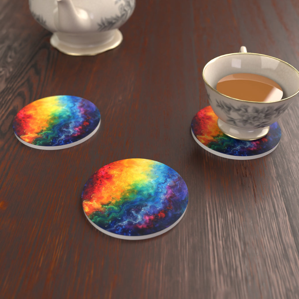 Rainbow Swirl Abstract Round Ceramic Coasters – Set of 6 – lifestyle mockup with a teacup