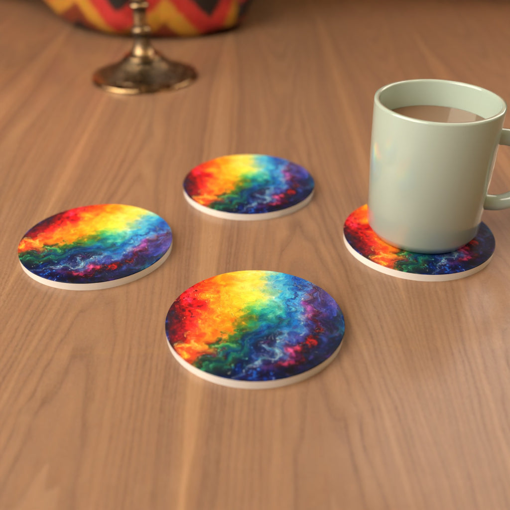 Rainbow Swirl Abstract Round Ceramic Coasters – Set of 6 – cosy lifestyle mockup