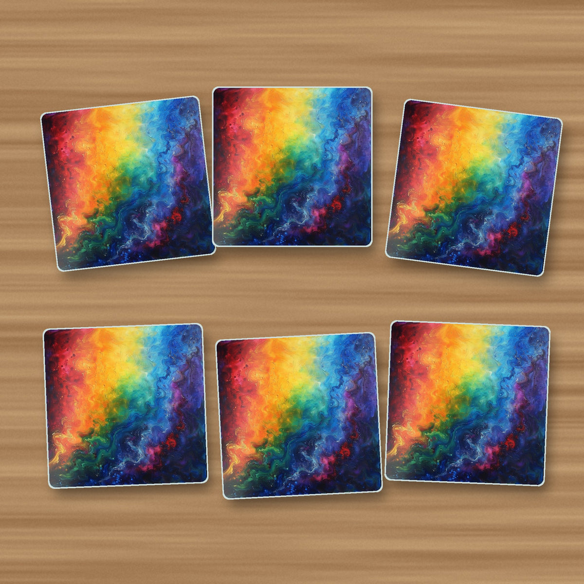 Rainbow Swirl Abstract square glass coasters, set of 6, on an oak coffee table