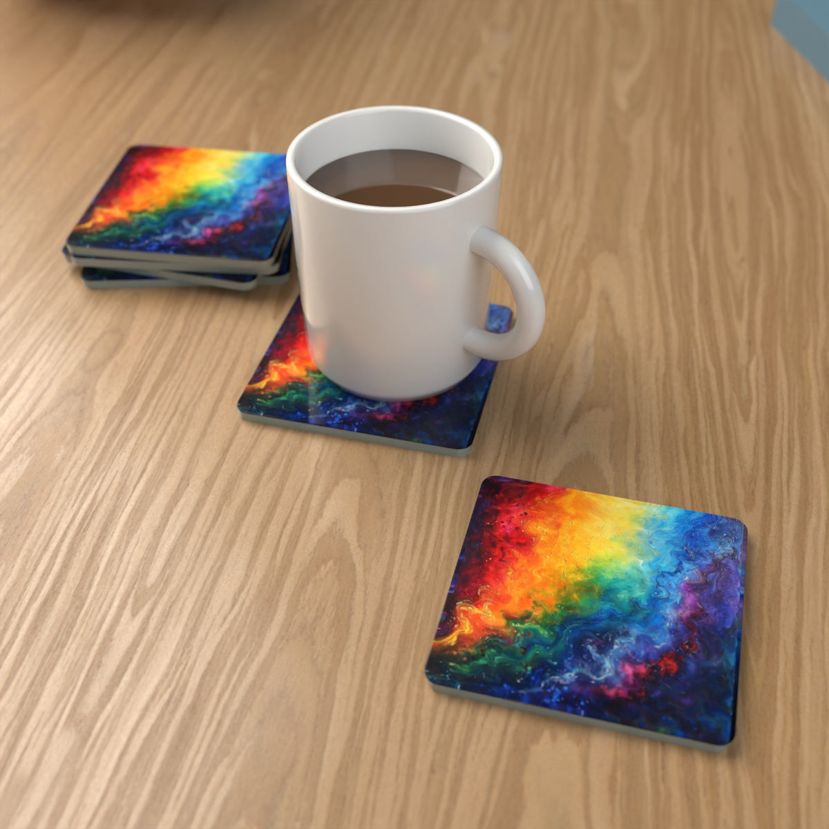 Rainbow Swirl Abstract Square Glass Coasters – Set of 6 – lifestyle mockup with a mug of coffee