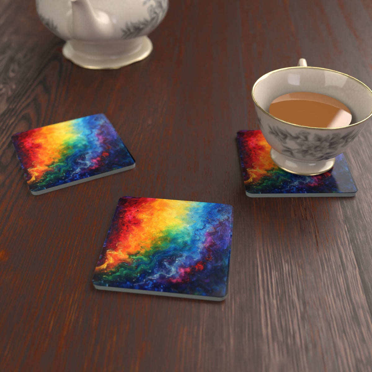 Rainbow Swirl Abstract Square Glass Coasters – Set of 6 – lifestyle mockup with a teacup