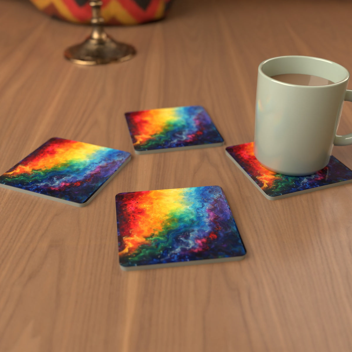 Rainbow Swirl Abstract Square Glass Coasters – Set of 6 – cosy lifestyle mockup