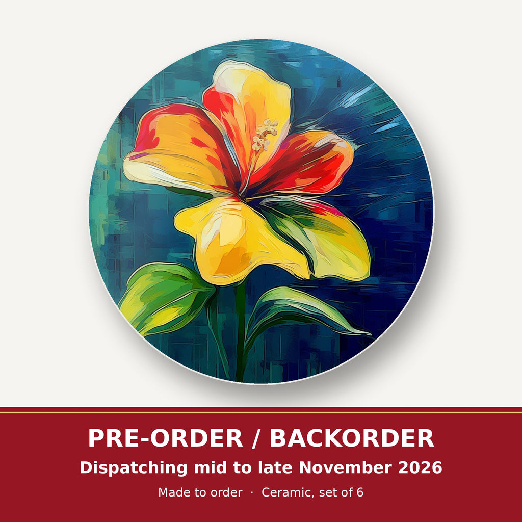 Painted Yellow & Red Flower round ceramic coaster set of 6 – pre-order / backorder, dispatching mid to late November 2026
