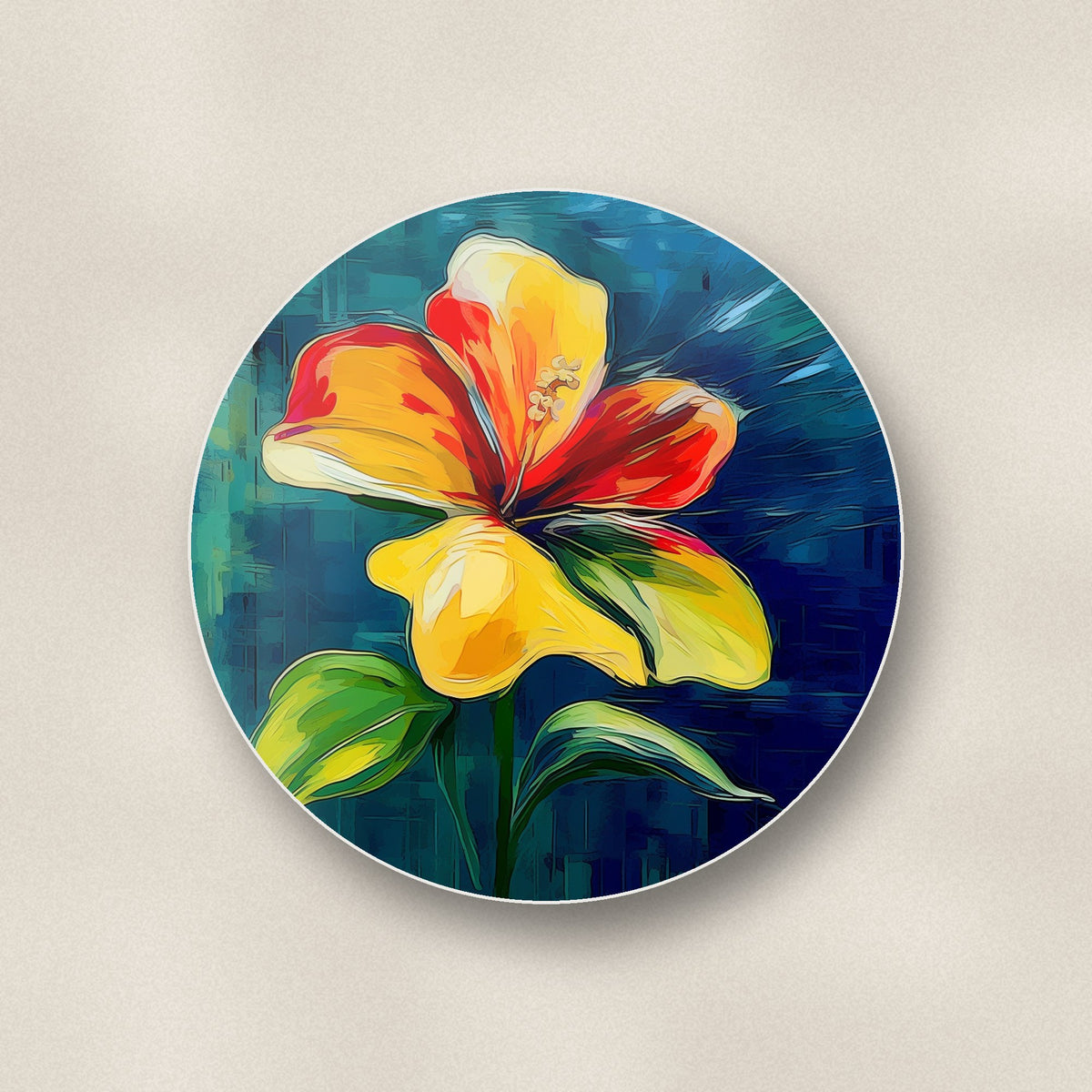 Close-up of one painted yellow & red flower round ceramic coaster, flat UV print
