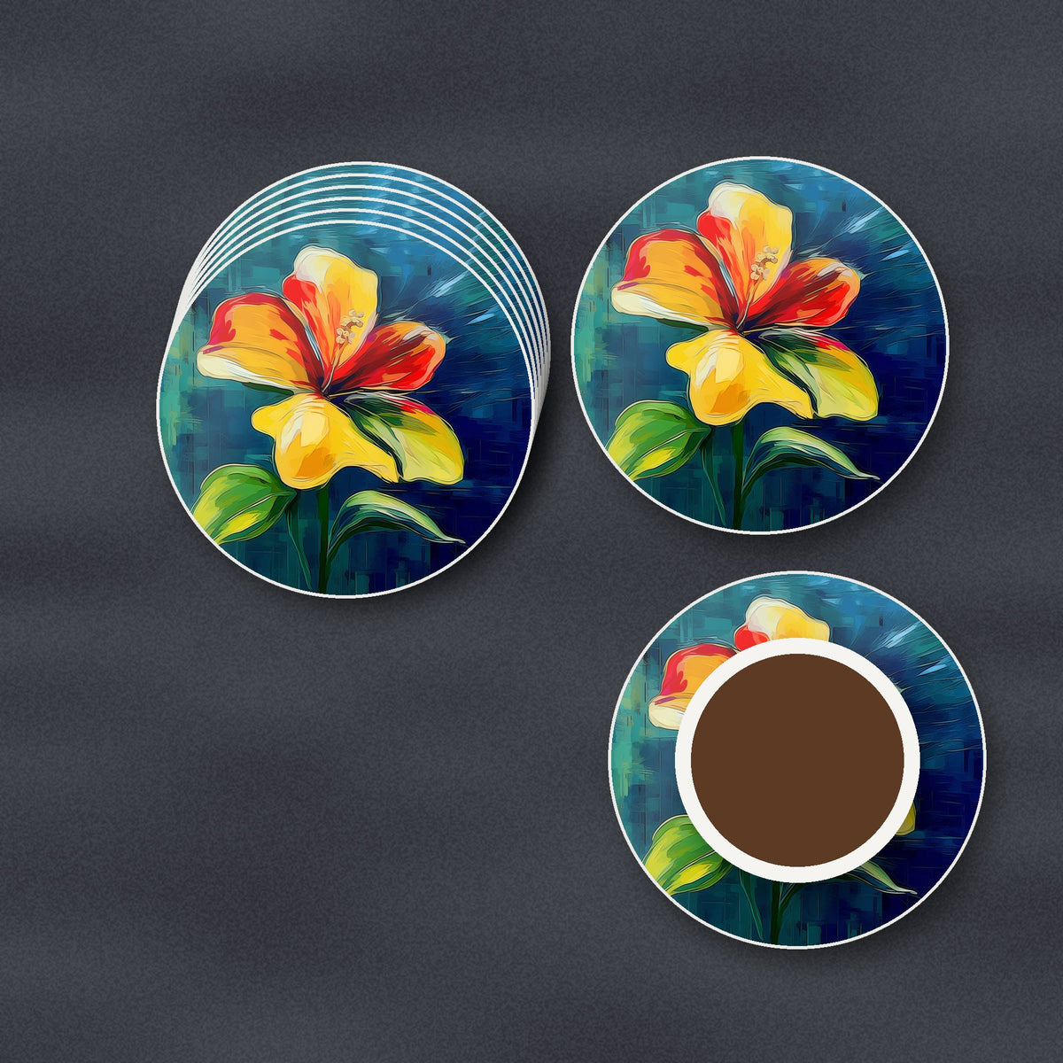Painted Yellow & Red Flower round ceramic coasters stacked on a slate kitchen worktop
