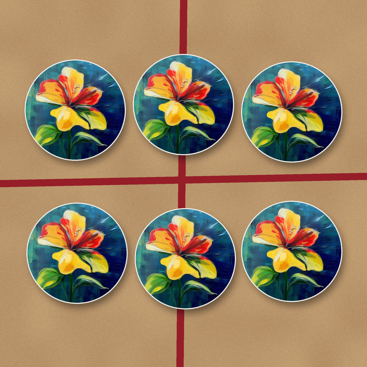 Painted Yellow & Red Flower round ceramic coasters on kraft gift wrap