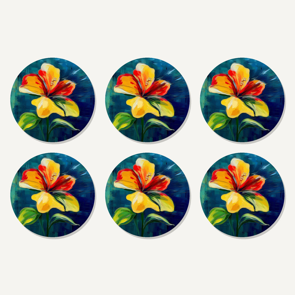 Flat lay of the painted yellow & red flower artwork on six round coasters