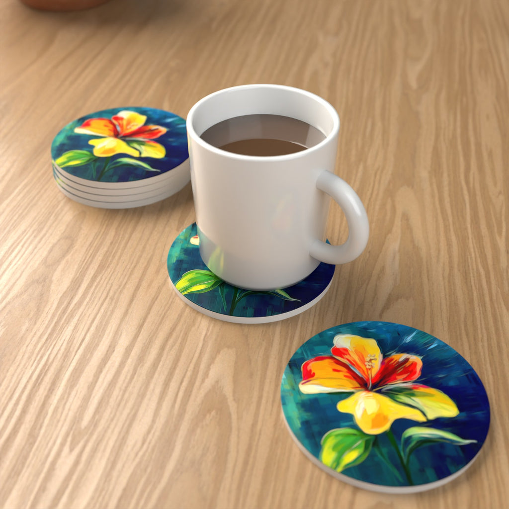 Painted Yellow & Red Flower Round Ceramic Coasters – Set of 6 – lifestyle mockup with a mug of coffee
