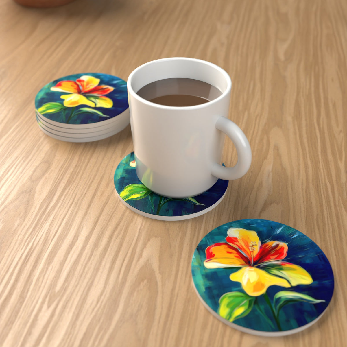 Painted Yellow & Red Flower Round Ceramic Coasters – Set of 6 – lifestyle mockup with a mug of coffee