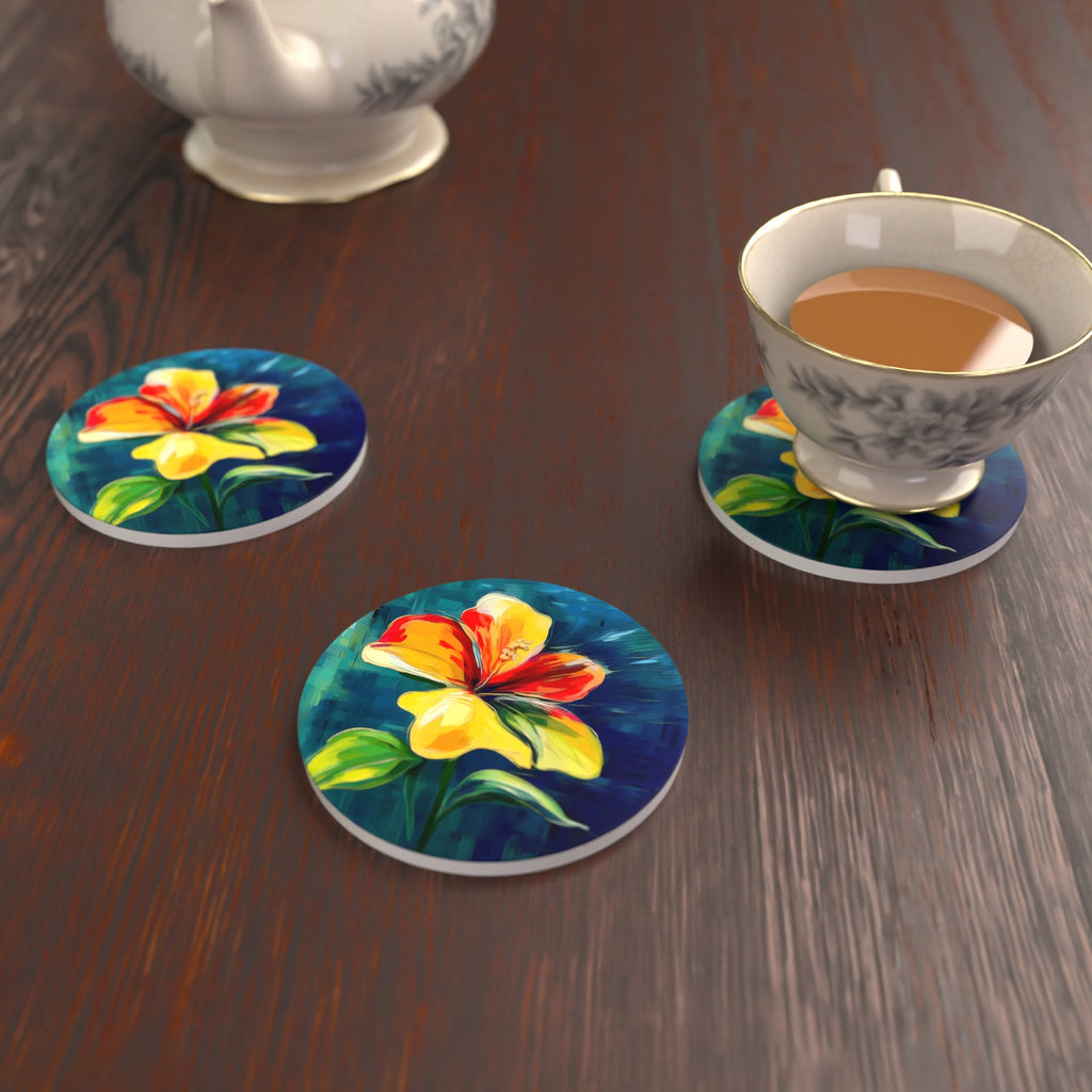 Painted Yellow & Red Flower Round Ceramic Coasters – Set of 6 – lifestyle mockup with a teacup