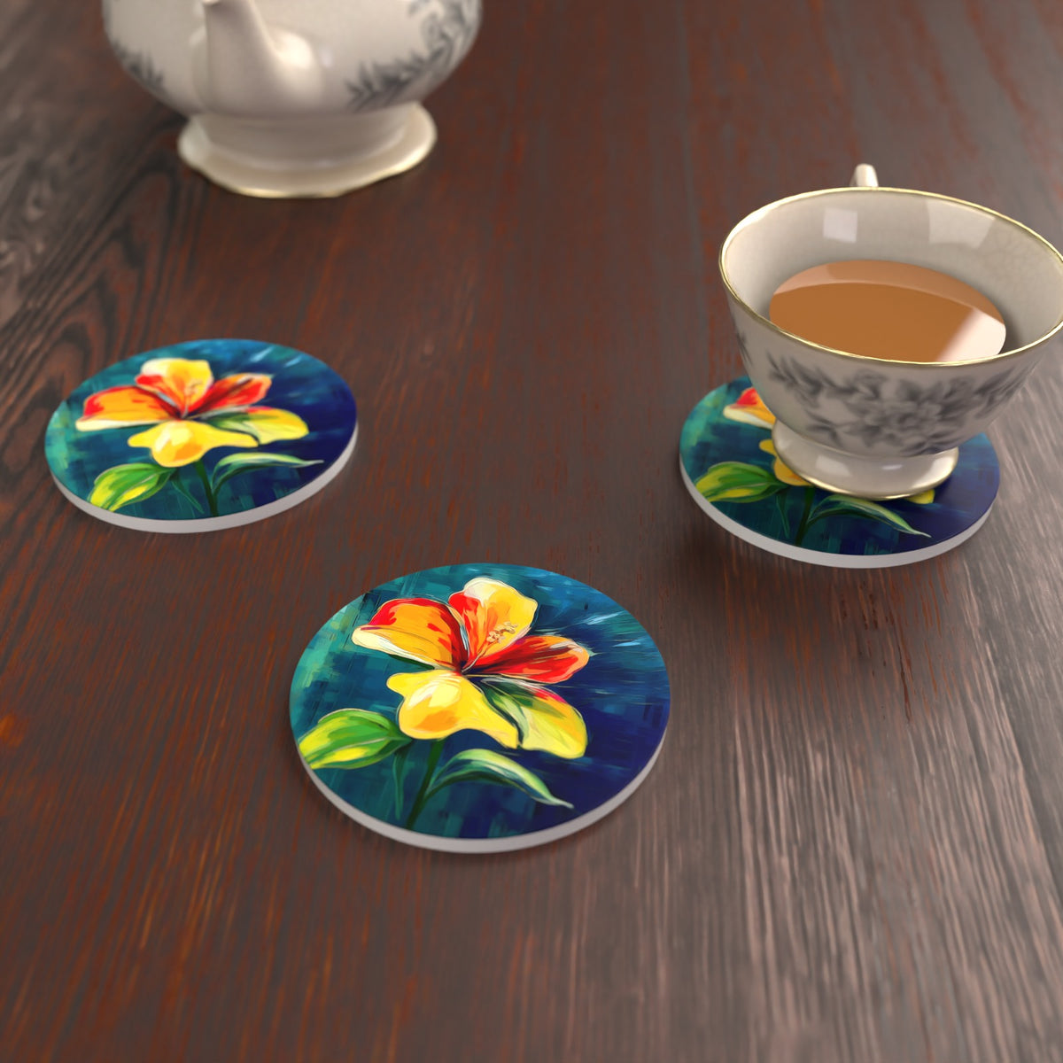 Painted Yellow & Red Flower Round Ceramic Coasters – Set of 6 – lifestyle mockup with a teacup