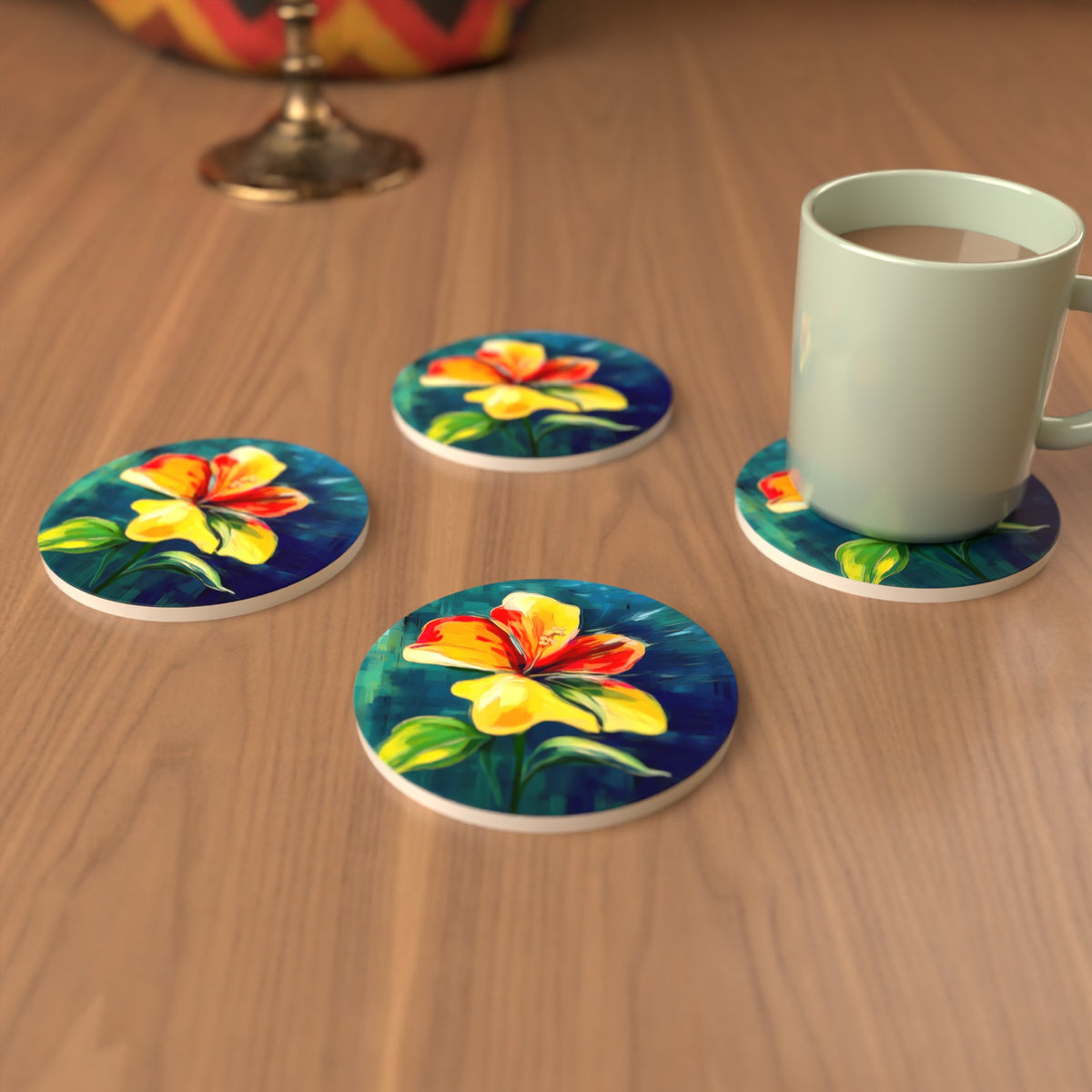 Painted Yellow & Red Flower Round Ceramic Coasters – Set of 6 – cosy lifestyle mockup